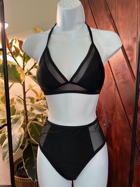 Black Mesh High-Waist Bikini Set